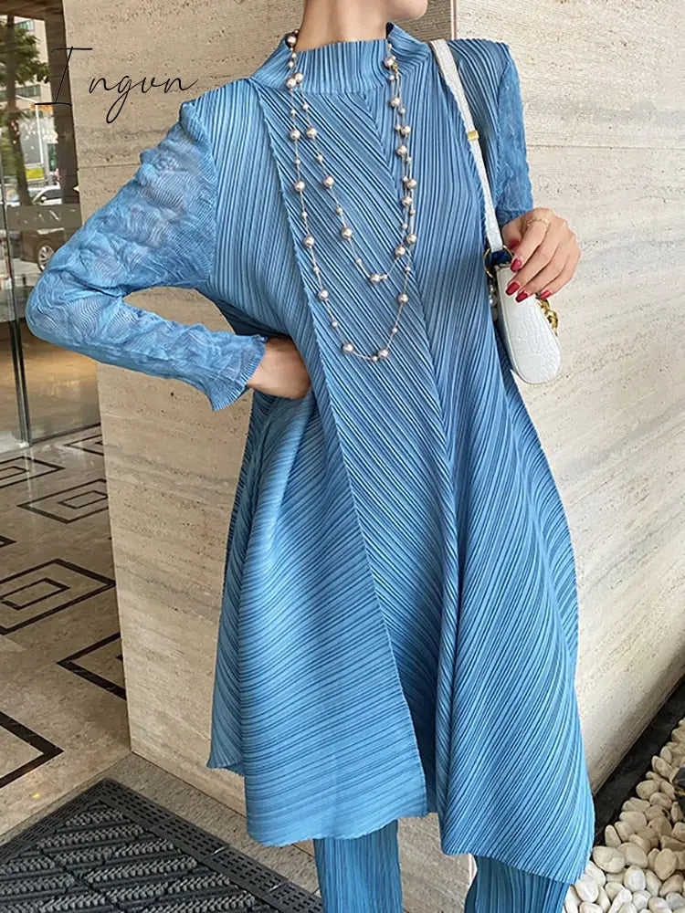 Ingvn - Sets Women Pleated Two Piece Set Fall 2023 Winter New Loose Casual Suit Lace Fashion Long Dress Top Pencil Pant Clothes