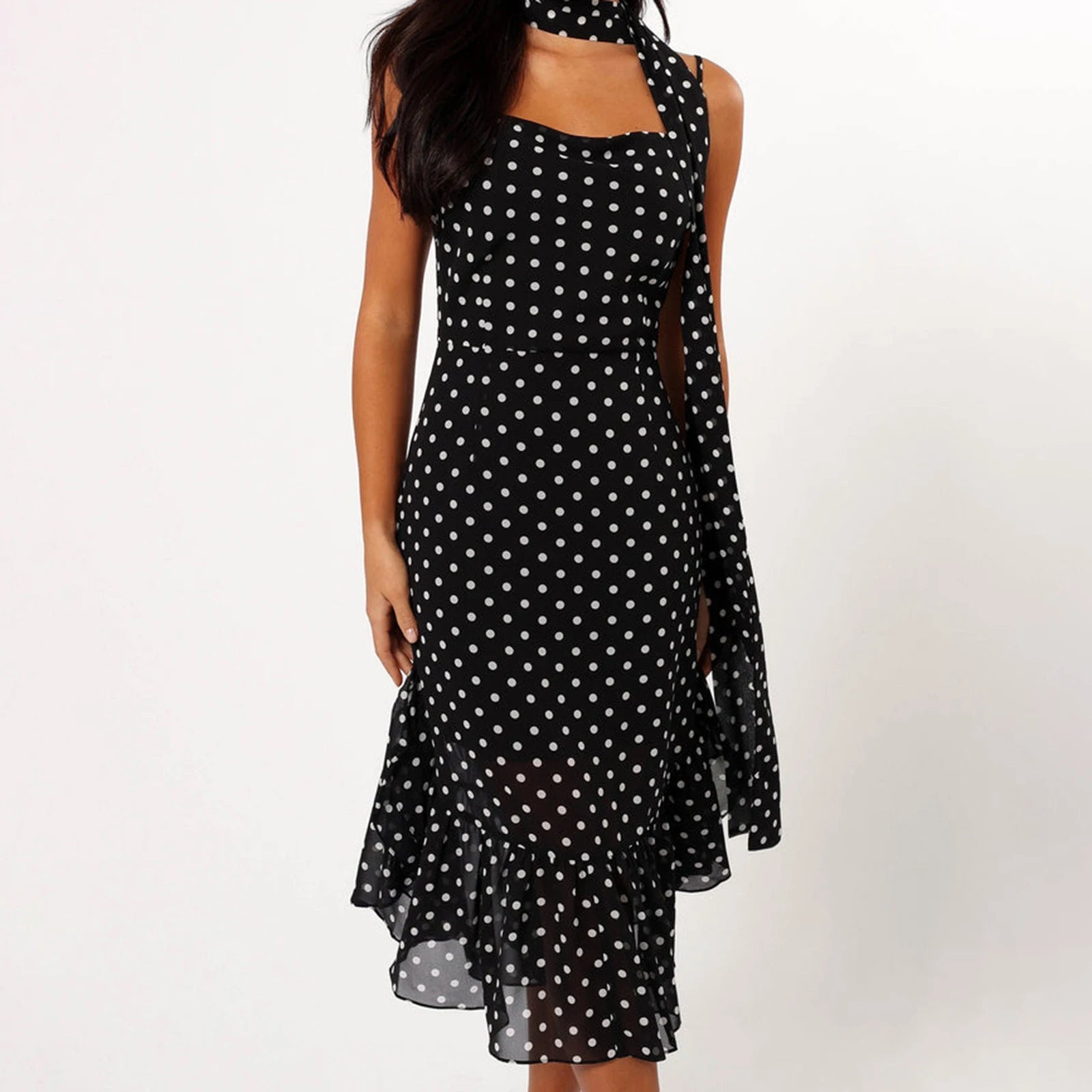 Women Summer Spaghetti Strap Dress Casual Dot Print Ruffle Party Dress and Scarf for Vacation Beach Streetwear
