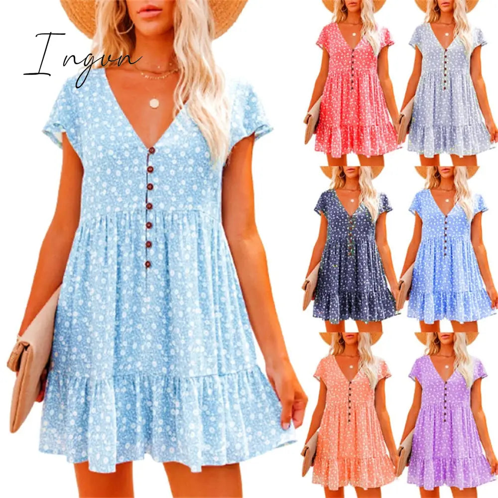 Ingvn - Spring summer v-neck floral short-sleeved dress