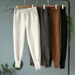 Ingvn - Casual Autumn Winter Women Pants Korean Elastic High Waist Pockets Suede Harem Pants Trousers Women Pantalon Femme