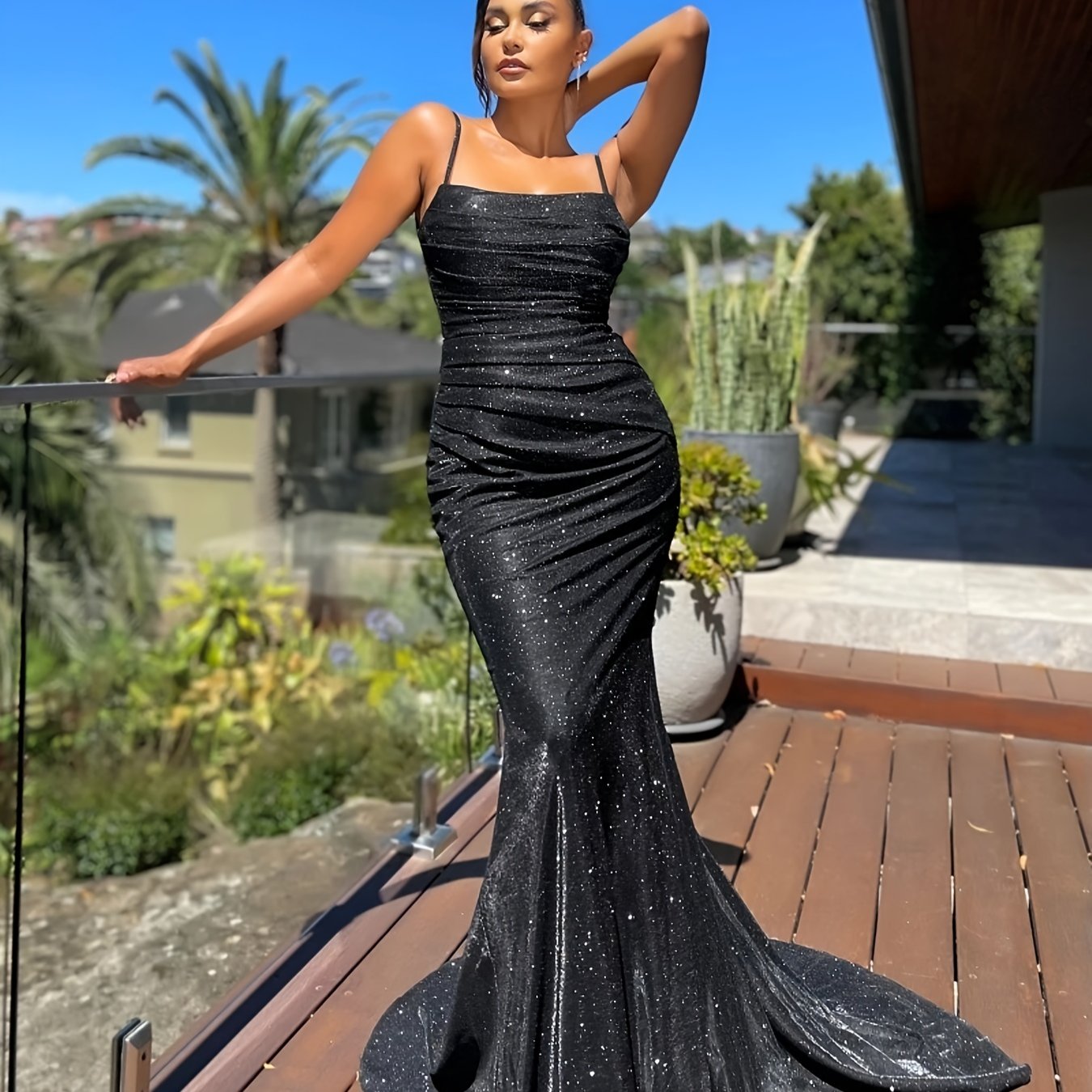 Glitter Sequin Slip Sleeveless Backless Maxi Dress, Slim Elegant Ruffled Cocktail Party Guest Evening Gown Mermaid Dress, Women's Clothing