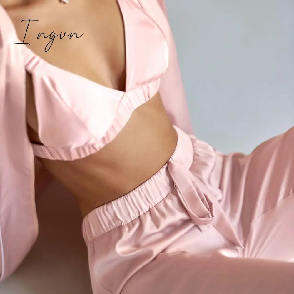 Ingvn - Fashion Solid Color Satin Robe Set With Bra Sexy Pajamas Set Female Home Suit For Women Pajama Spring Long Sleeve Sleepwear