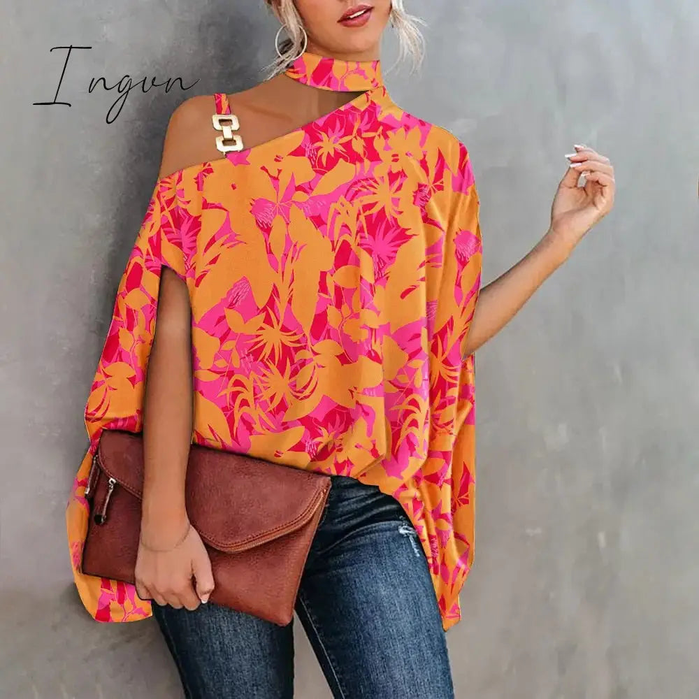 Ingvn - Women Metal Halter Hollow Out Print Top Patchwork Short Sleeve Loose Summer Blouse Femme Fashion Pullovers Casual Youth New
