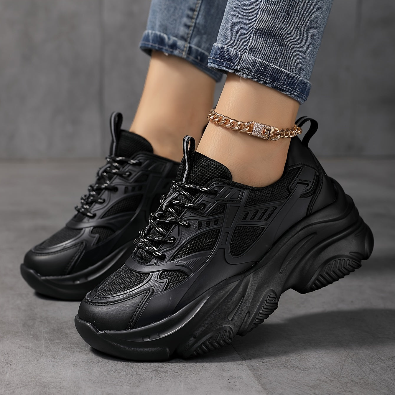 Womens Solid Color Lace-up Chunky Sneakers - Fashionable Height Boost - Comfortable Memory Foam Running Shoes for Everyday Wear