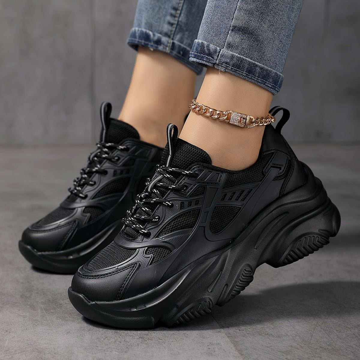 Womens Solid Color Lace-up Chunky Sneakers - Fashionable Height Boost - Comfortable Memory Foam Running Shoes for Everyday Wear