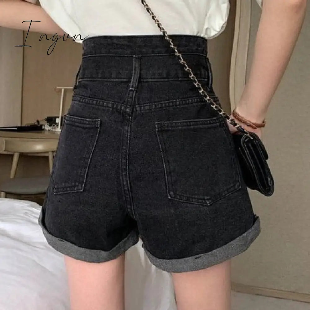 Ingvn - Black Denim Double-breasted Shorts Women Summer Hot Girls College All-match Solid Younger Ins Prevalent High Waist Casual Mujer