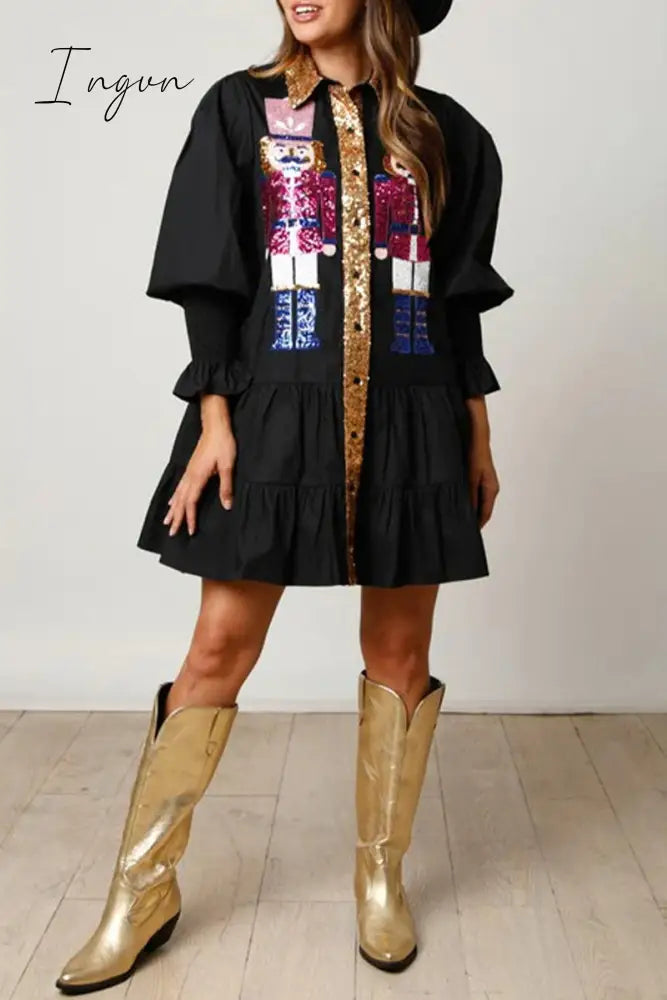 Ingvn - Sweet Solid Sequins Contrast Turndown Collar Long Sleeve Dresses