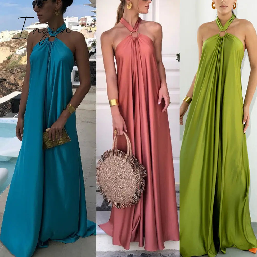 Ingvn - Summer Women Sexy Off Shoulder Beach Long Dress Casual Tie-up Bandage Party Dress Fashion Halter Backless Robe Dresses