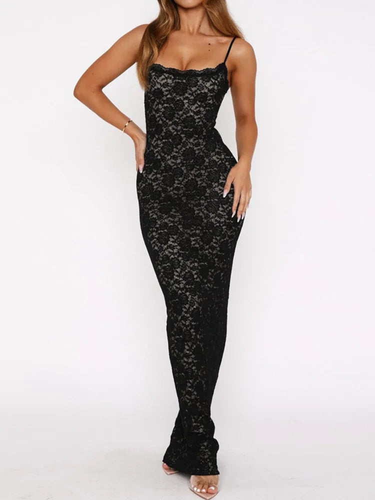 Black Lace Sexy Maxi Dress For Women Slipdress Spaghetti Strap Sleeveless Backless High Waist Bodycon Club Long Dress