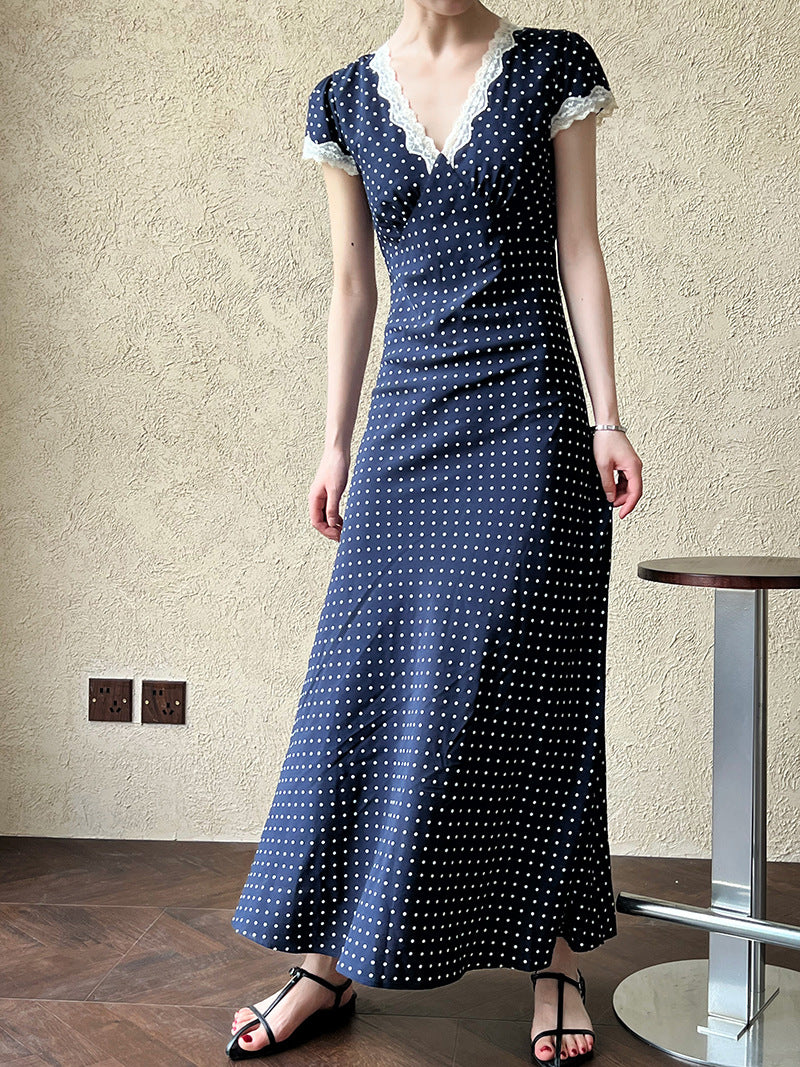 French Style Lace Polyester Fiber Stitching dress Summer V-Neck Elegant Wave Dot Tight Waist