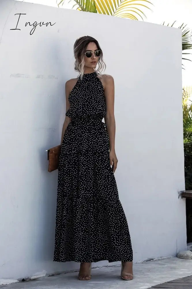 Ingvn - Summer Elegant  beach Women Dress long Print Flowers Polka-dot strap Ladies Halter boho Dress Vintage party ladies Dress