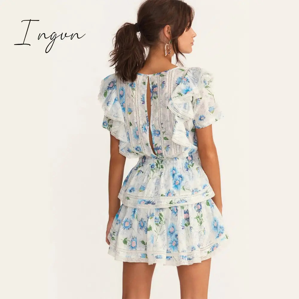 Ingvn - New Arrival Summer Short Sleeve Natasha Mini Dress Women Ruffled A-line Dress Blue Print