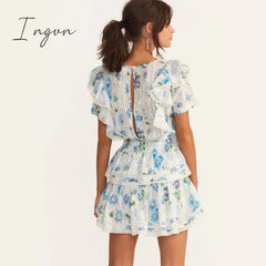 Ingvn - New Arrival Summer Short Sleeve Natasha Mini Dress Women Ruffled A-line Dress Blue Print