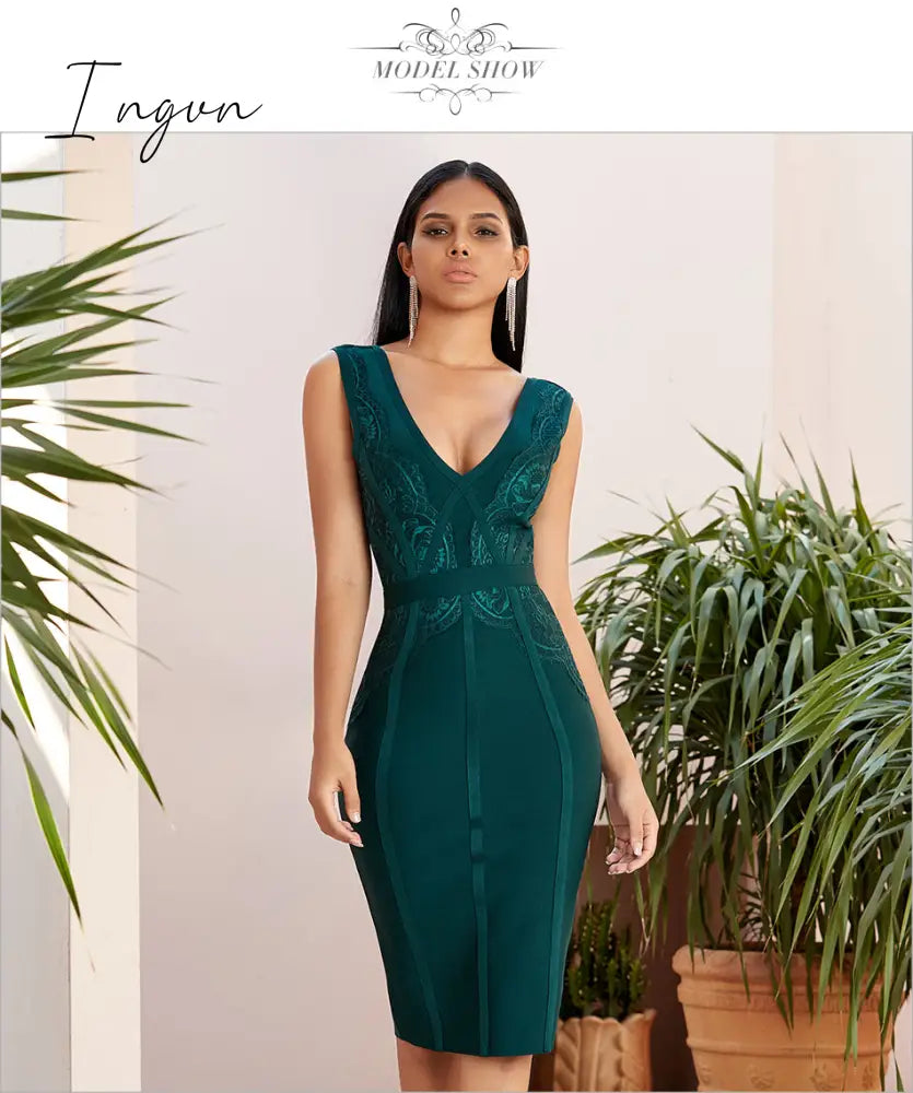 Ingvn - New Summer Tank Bodycon Bandage Dress Women Sexy Sleeveless Lace Green Club Celebrity Evening Party Dresses Vestidos