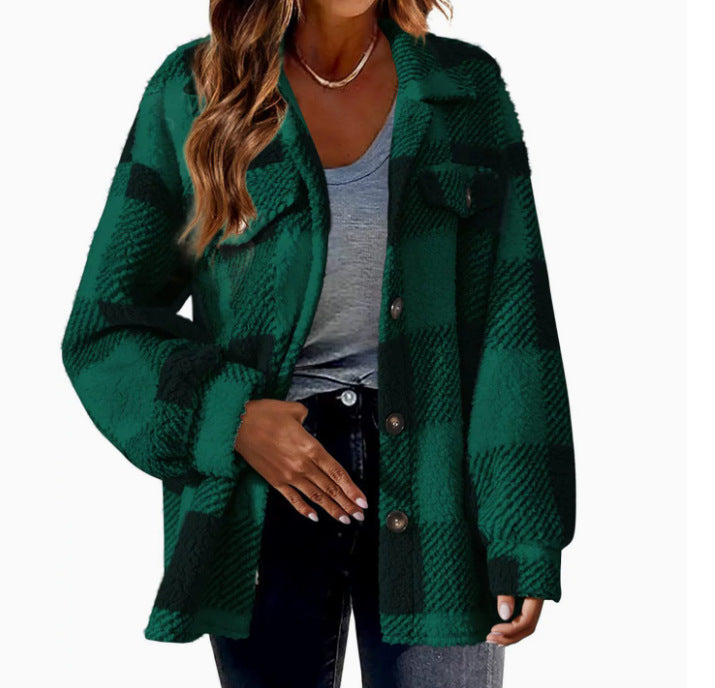 Autumn and Winter Open Button Lapel Plush Plaid Coat Plaid Pattern Button Front Jacket Warm