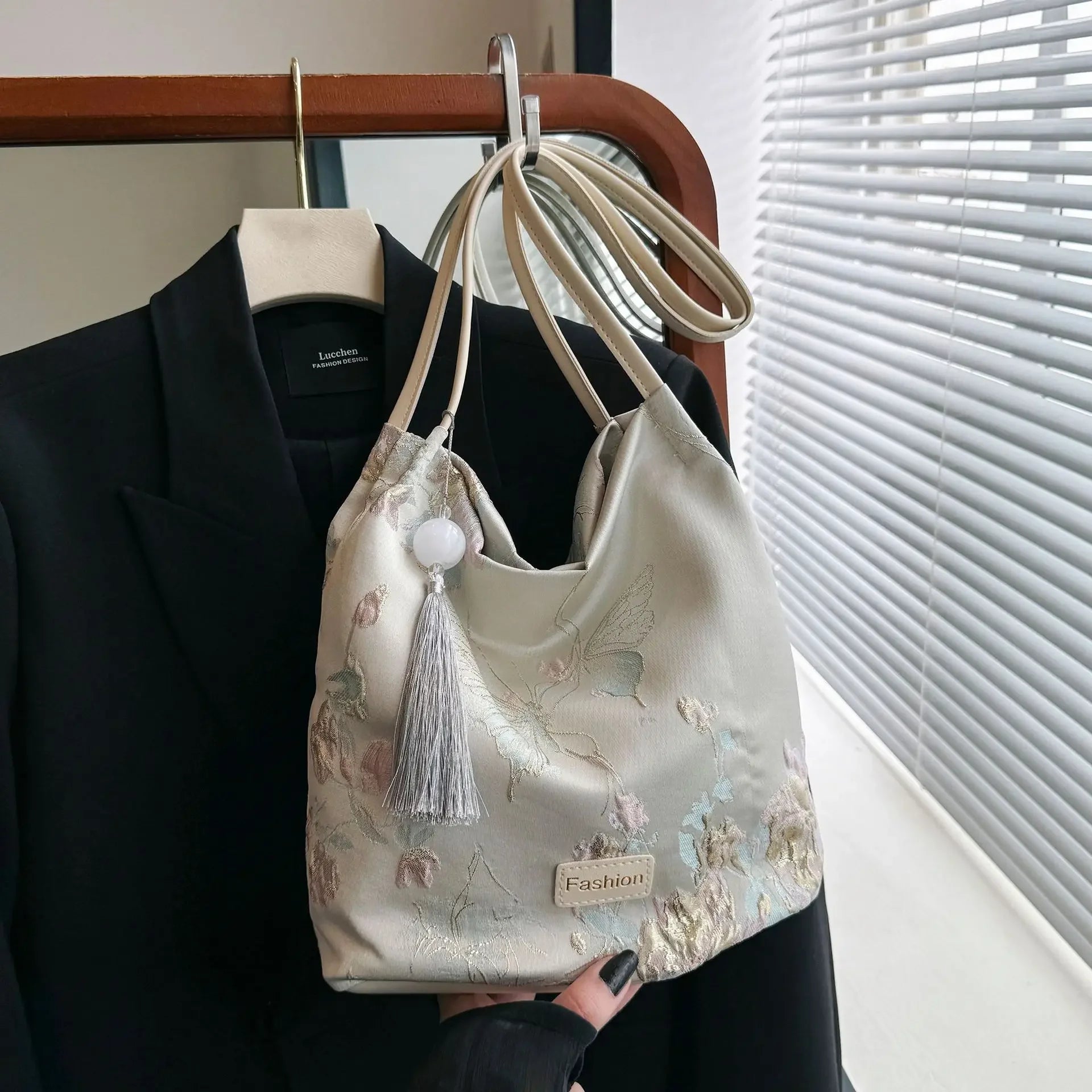 Ingvn  Floral Embroidery Bucket Handle BagWomen Hanfu Collocation Butterfly PU Strap Satin Shoulder Bag