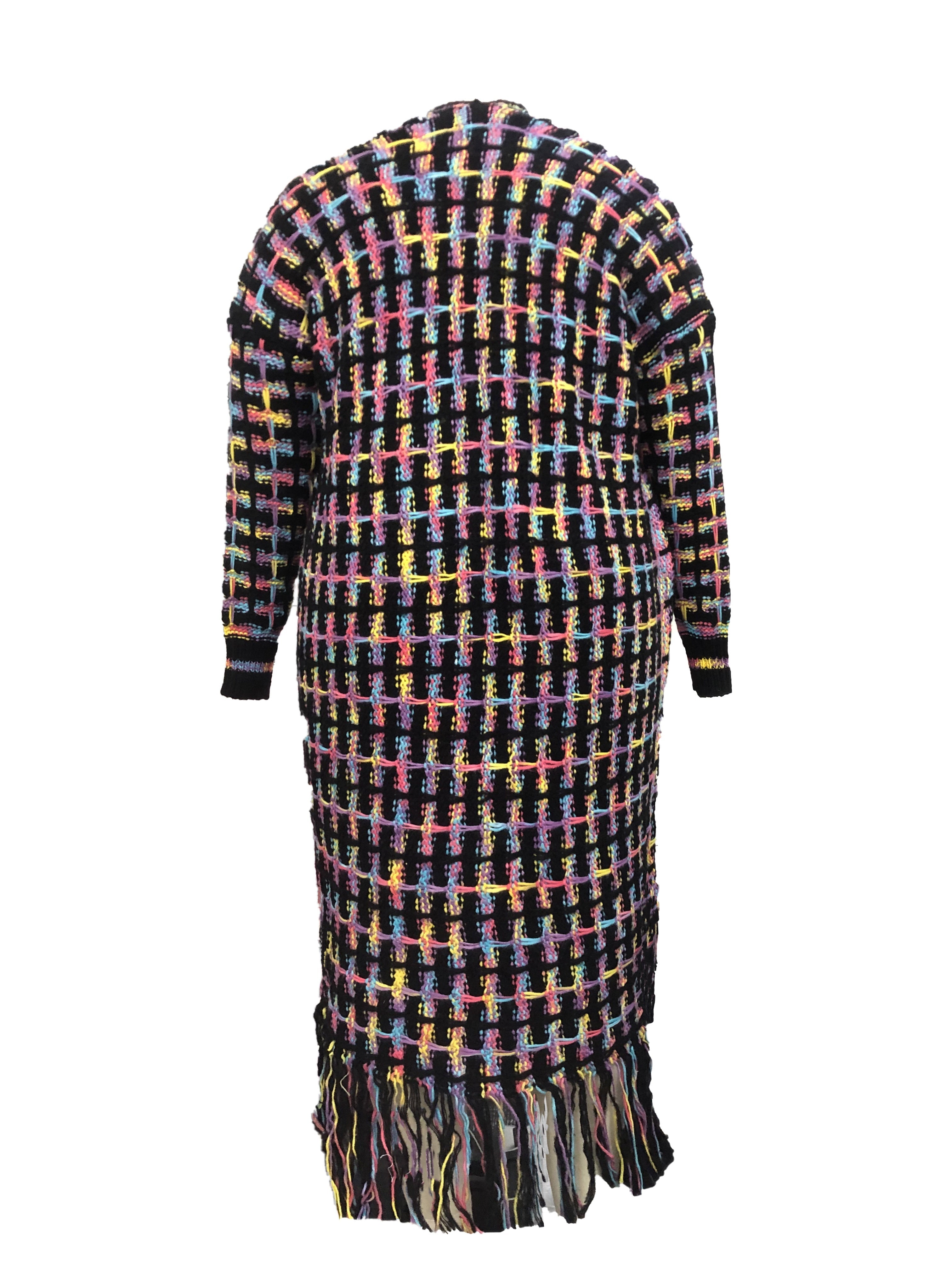 Plus Size Elegant Ombre Knitted Cardigan - Soft Slight Stretch Fabric, Tassel Hem, Long Sleeve, Open Front, Machine Washable - Perfect for Fall/Winter Season
