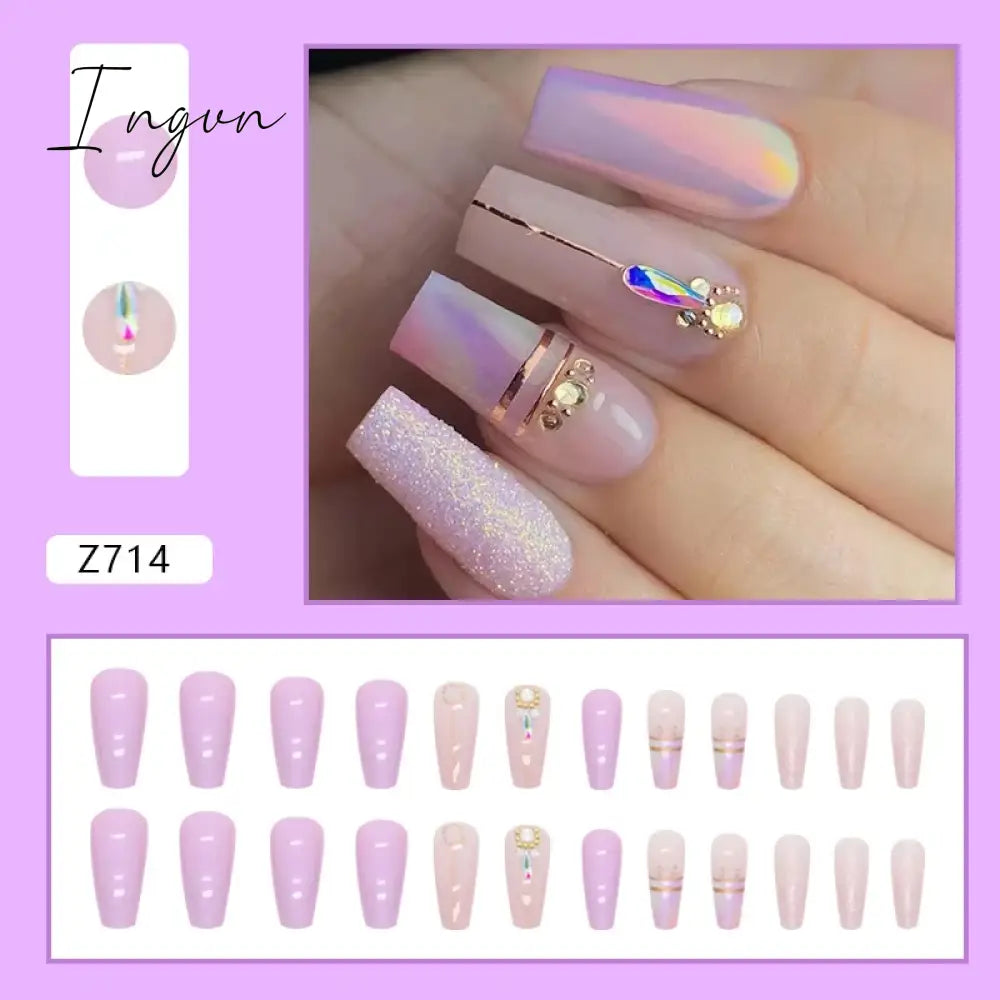 24pcs/Box Gradient Nail Art Patches False Nails Short Square Nail Blue Starry Glitter Teardrop Diamond Fake Nail Tips