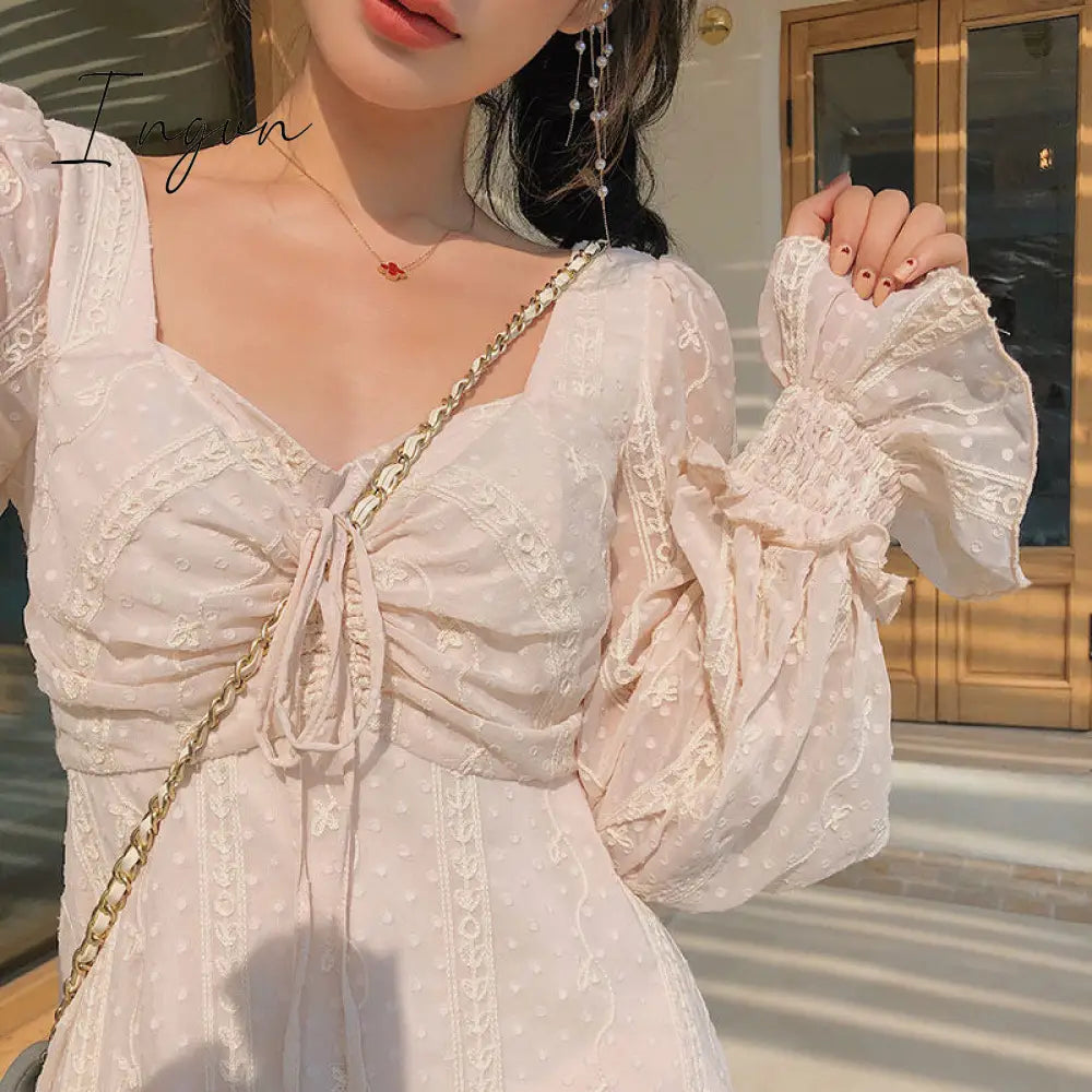 Ingvn - Vintage Fairy Dress Women Elegant Designer Chiffon Dress Long Sleeve French Party Midi Dress Casual Women's Clothing Autumn