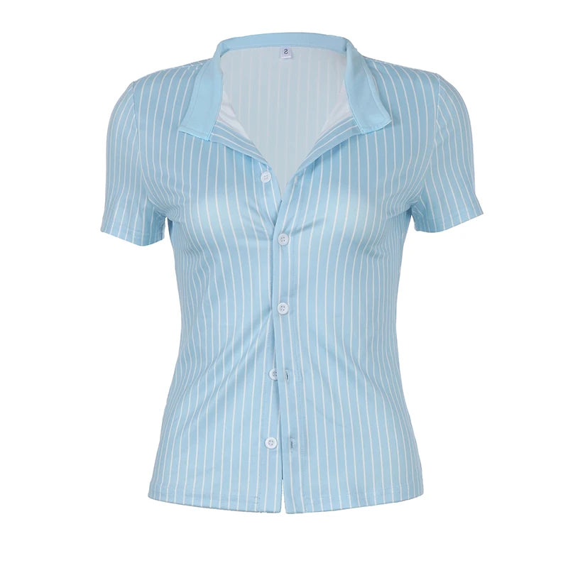 Casual Striped Print Blouse Women Button Up Short Sleeve Basic Knitted Crop Tops y2k Aesthetic Basic T-shirts Streetwear