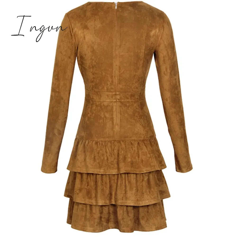 Ingvn - BornToGirl Woman Vintage Dress Spring Autumn Winter Women's Long Sleeve Black Brown Sky Blue Suede Dress robe femme