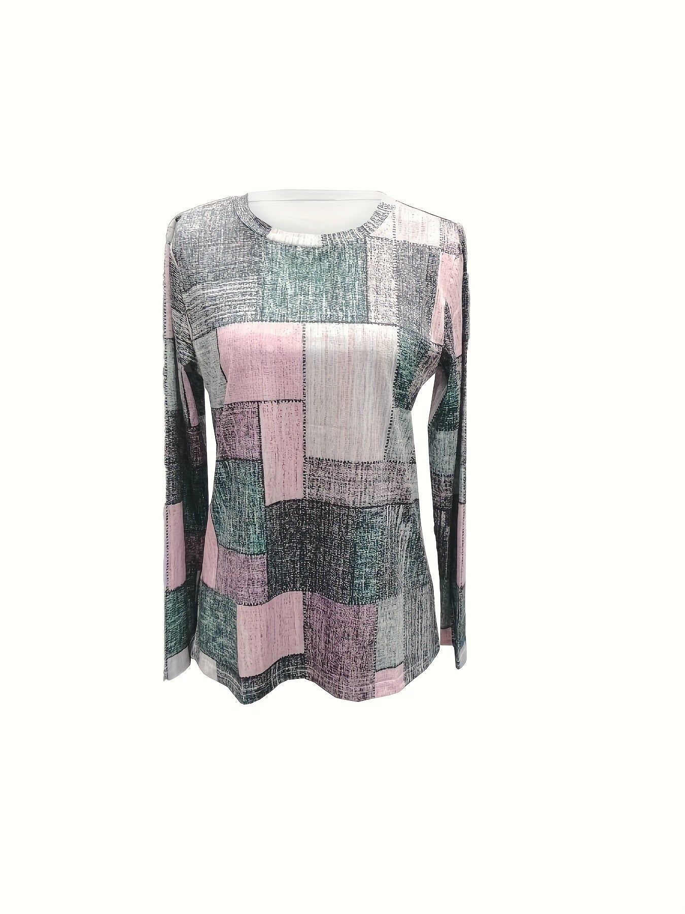 Flattering Plaid Print T-Shirt - Fashionable Crew Neck, Loose & Flowy Long Sleeves - Perfect for Spring & Summer - Womens Casual Wardrobe Staple