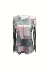 Flattering Plaid Print T-Shirt - Fashionable Crew Neck, Loose & Flowy Long Sleeves - Perfect for Spring & Summer - Womens Casual Wardrobe Staple