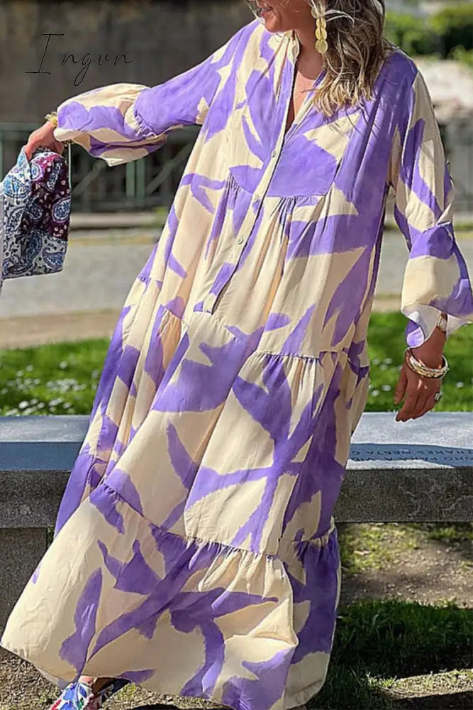 Ingvn - Casual Elegant Floral Buttons V Neck Printed Dress Dresses