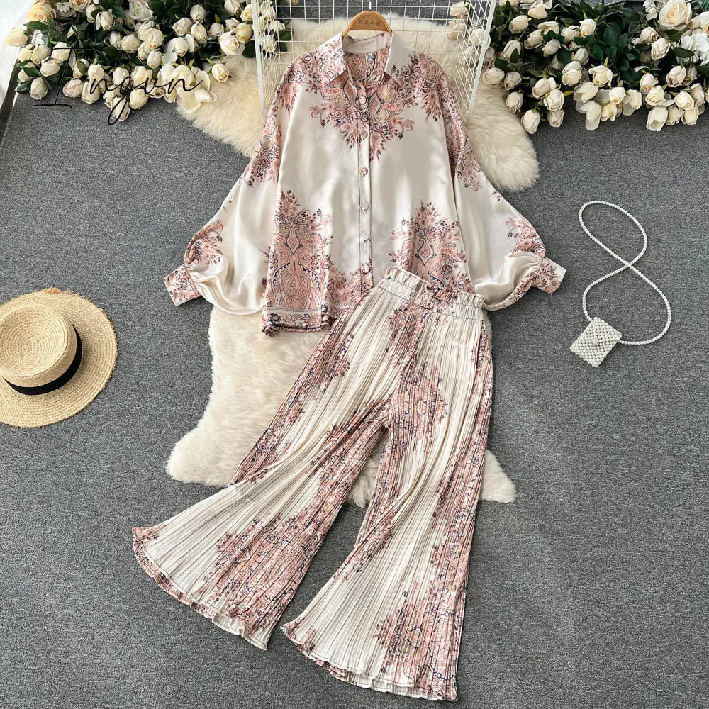 Ingvn - Women's Dress Spring Retro Print Casual Set Design Batwing Sleeve Single Breasted Blouse+High Waist Long Pants Two Piece Suits