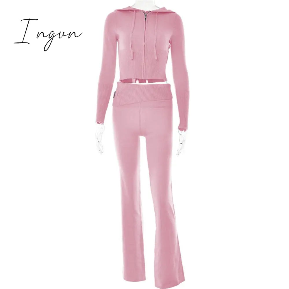 Ingvn - Zipper Lace-up Hoodies+Pant Sets 2023 Women Slim-fit Solid Cardigan Street Temperament Casual Femme Sweatshirt Suits
