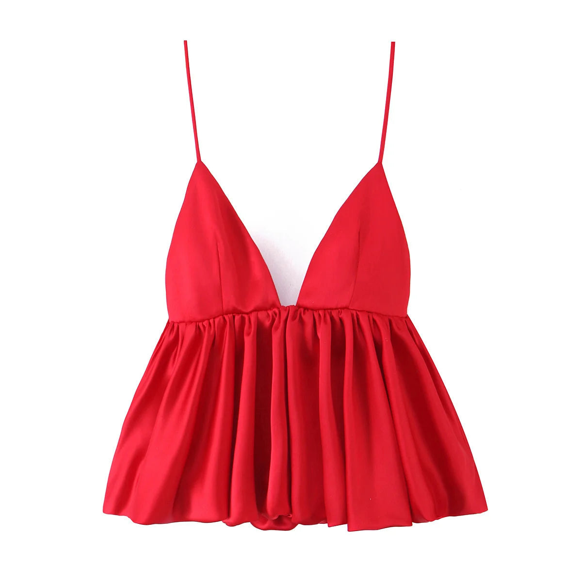 Women Puffy Hem Red Satin Camis Sexy Spaghetti Straps  V Neck Summer Tops Chic Party Streetwear Crop Top