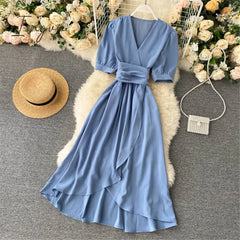 Ingvn - Women Summer Midi French Dress Sweet V-Neck Puff Sleeve High Waist Elegant Solid Woman Dresses Female Clothing New Year