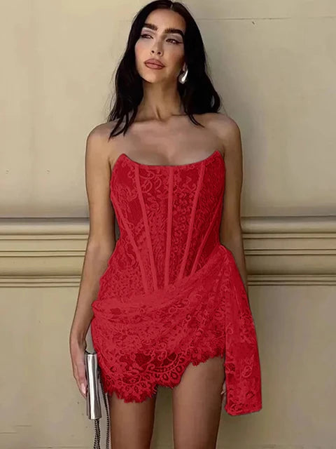 White Lace Strapless Sexy Dress For Women Robes Elegant Evening Party Dress Bodycon Mini Summer Dress Vestidos