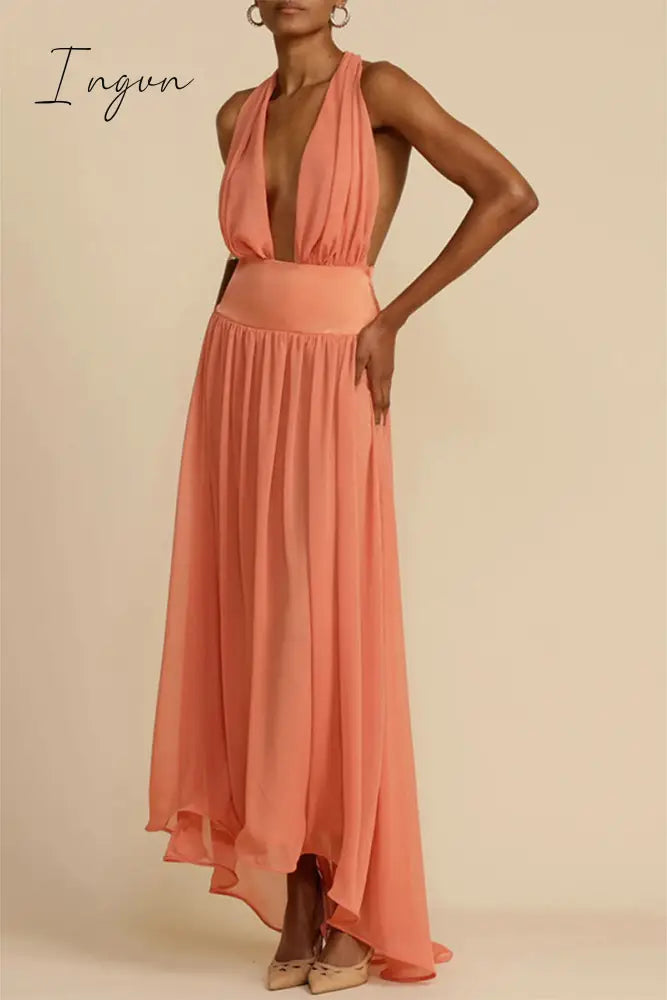 Ingvn - Sexy Vacation Solid Frenulum Backless V Neck Beach Dress Dresses