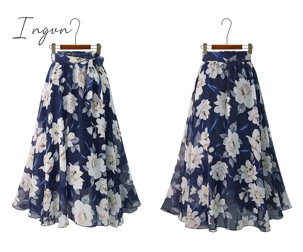 Ingvn - New Plus Size Women Chiffon Skirt Europe Fashion Bow Saia Midi Lining Jupe Femme Lace Up Falda Mujer Summer Print Floral Skirts