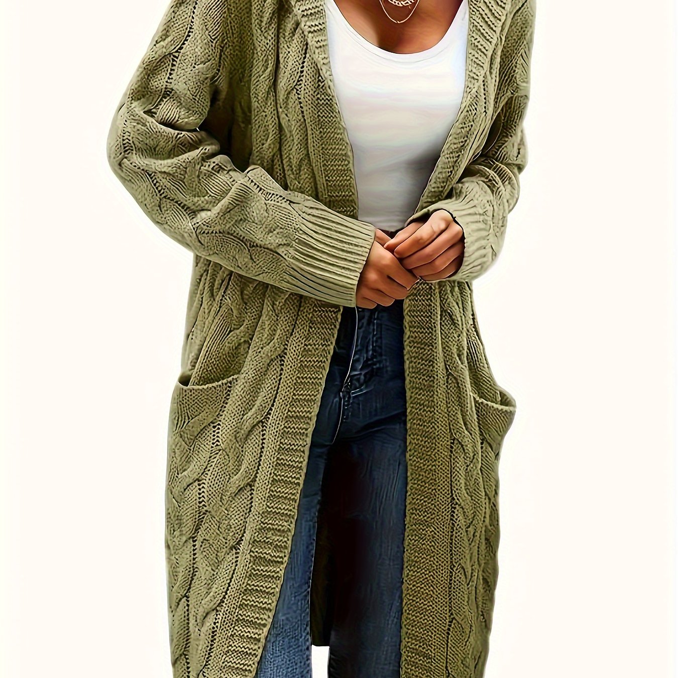 Plus Size Casual Cardigan, Women's Plus Solid Cable Long Sleeve Open Front Hooded Cardigan With Pockets