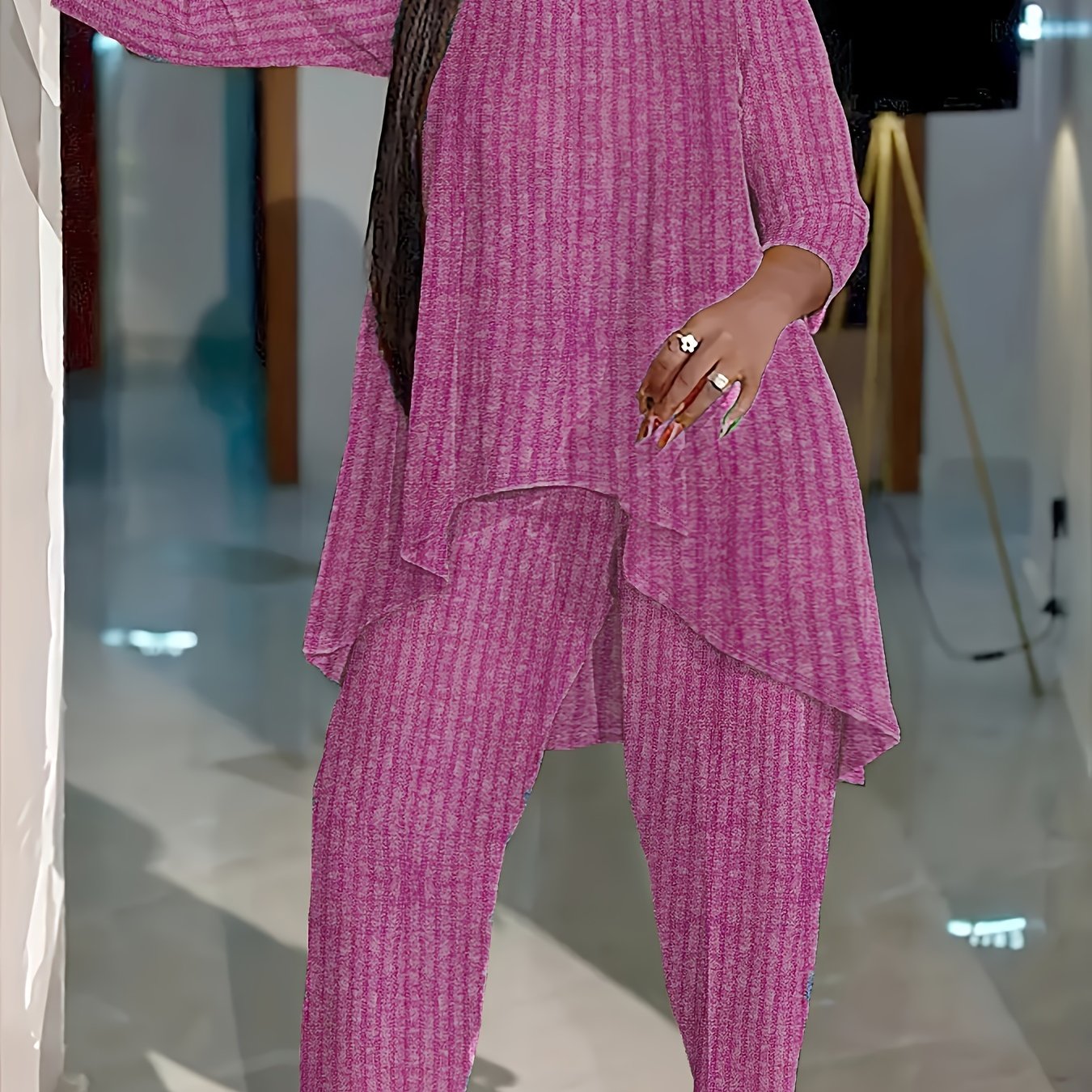 Women's Plus Size Fashion Round Neck Two-Piece Outfit, Polyester Knit, Asymmetric, Solid Color, Elegant Middle Eastern Style, Stretch Fabric, Cozy Loungewear Set