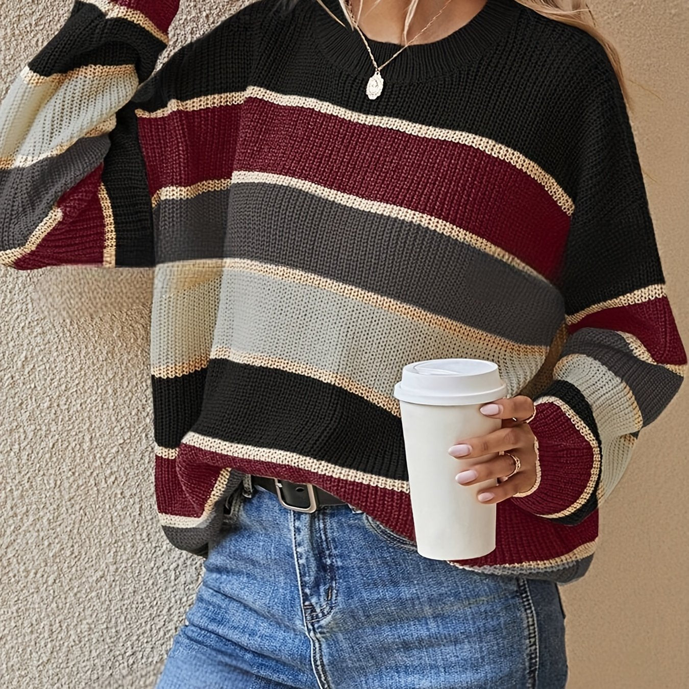 1pc Acrylic Elegant Women's Color Block Striped Pullover Sweater - Crew Neck, Long Sleeve, Regular Fit, Non-Stretch, Fall/Winter Fashion Top