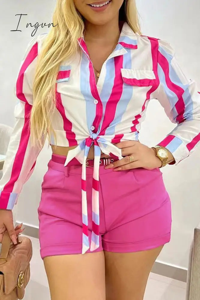 Ingvn - Sweet Striped Frenulum With Belt Turndown Collar Long Sleeve Two Pieces