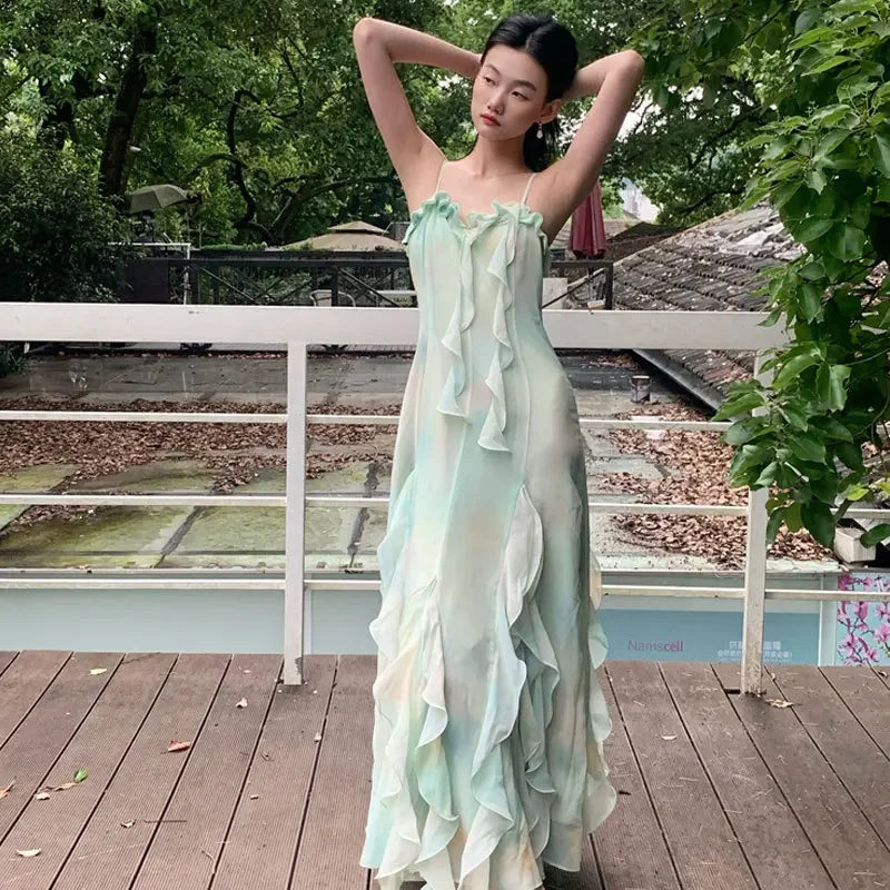 French Style A- Line Dress Slimming Beach Vacation Halter Long Skirt Summer Wear Sleeveless Design Sensation Women's Clothing