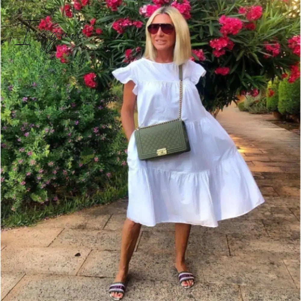 Ingvn - New Summer Solid Color Women Dress Short Sleeve Loose Chic Pleated Dress Beach Casual White Black Pink Dress Lady Vestidos