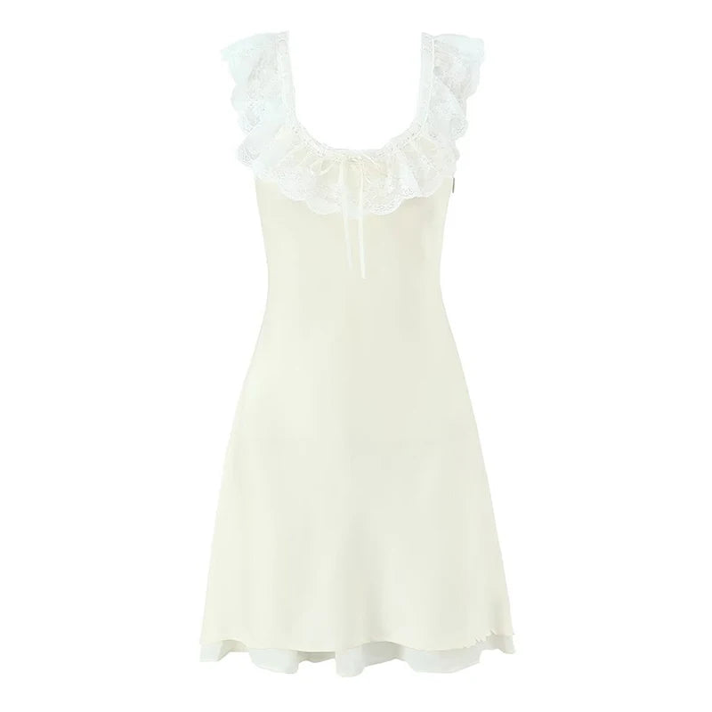 Romantic Girl Lace Spliced Sexy Off Shoulder Dress Women Short Sleeve Slim A-line Mini Dresses Summer Robe