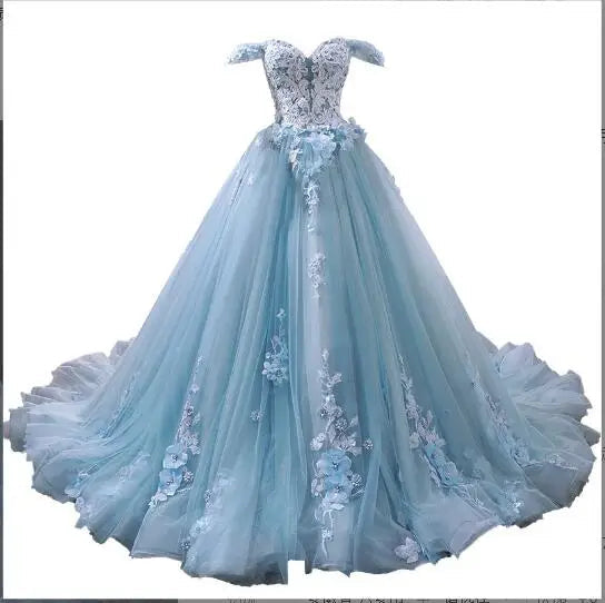 Luxury Sky Blue Lace Quinceanera Dresses Sweetherts Tulle Party Vestidos 15 Anos Vintage Ball Gown Quinceanera Gown