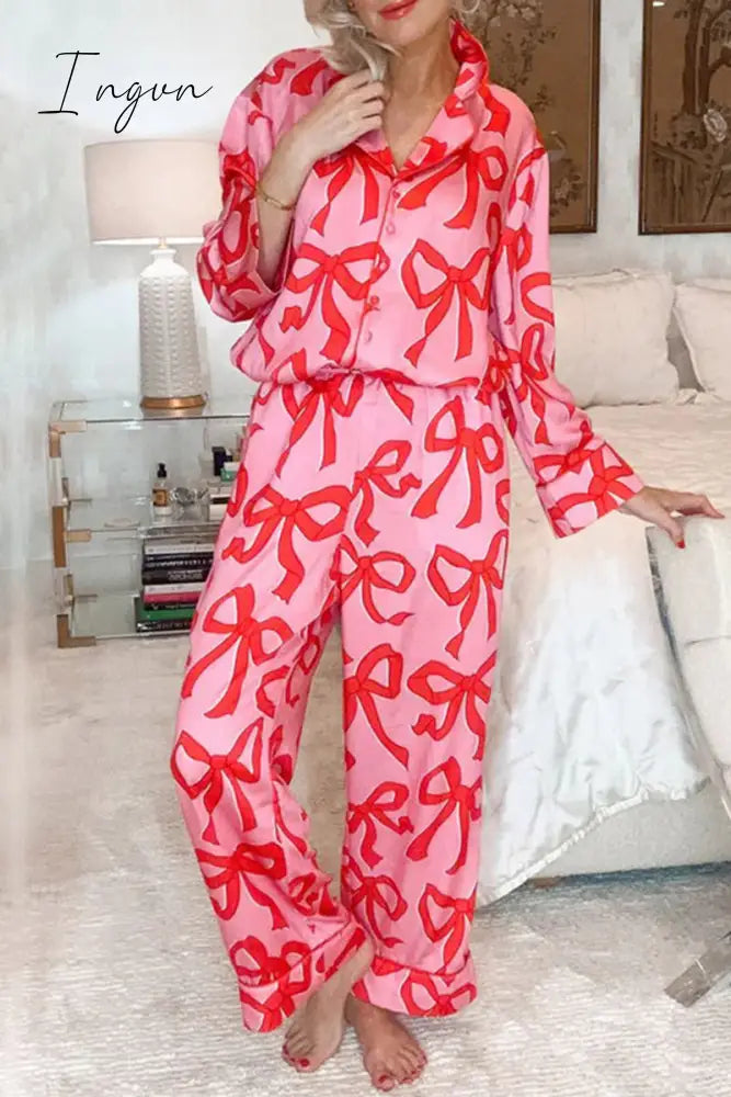 Ingvn - Casual Living Geometric Print Pocket Turndown Collar Long Sleeve Two Pieces