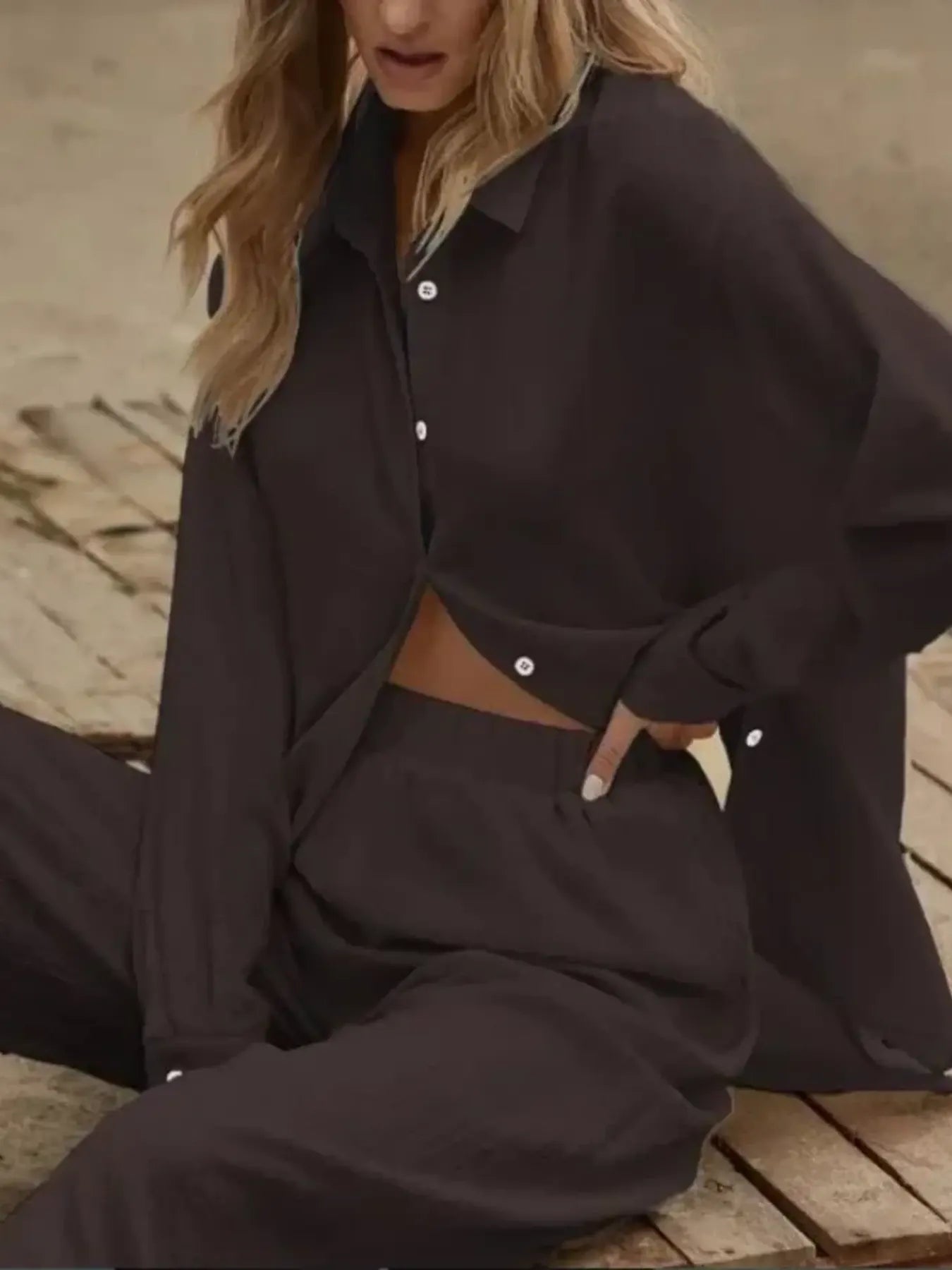 Button Up Long Sleeve Shirt and Pants Set