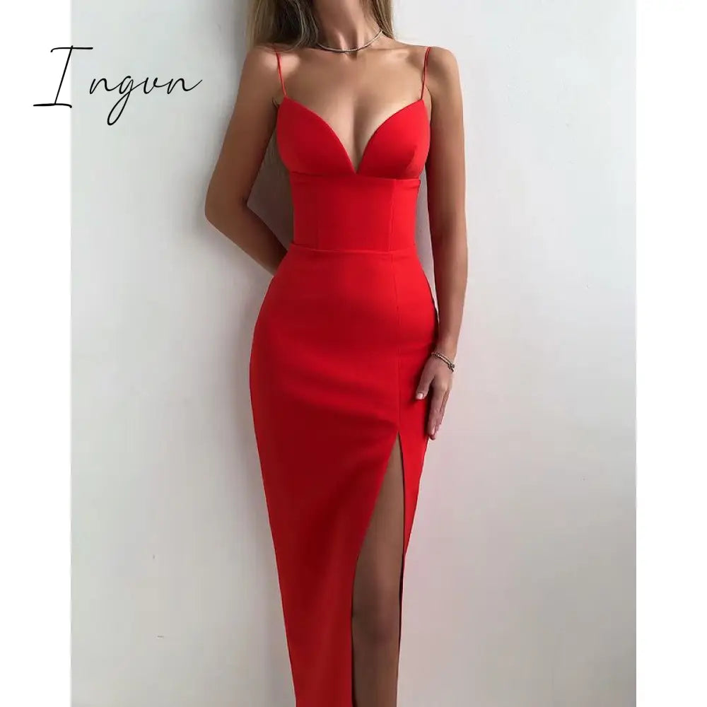 Ingvn - RO New Summer Women White Bodycon Bandage Sexy V Neck Spaghetti Strap Club Celebrity Evening Runway Party Long Dresses For Women