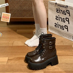 Ingvn  Autumn Women Motorcycle Boots Fashion Lace Up Short Booties Autumn Winter Female Platform Heel Shoes
