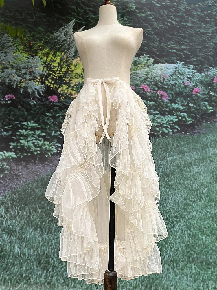 Gothic Lolita Lace Mesh Ruffles Fairy Princess Party Skirt Women Asymmetrical Cute Curtain Sheer Cover Up Thin Long Skirt White