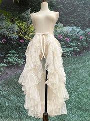 Gothic Lolita Lace Mesh Ruffles Fairy Princess Party Skirt Women Asymmetrical Cute Curtain Sheer Cover Up Thin Long Skirt White