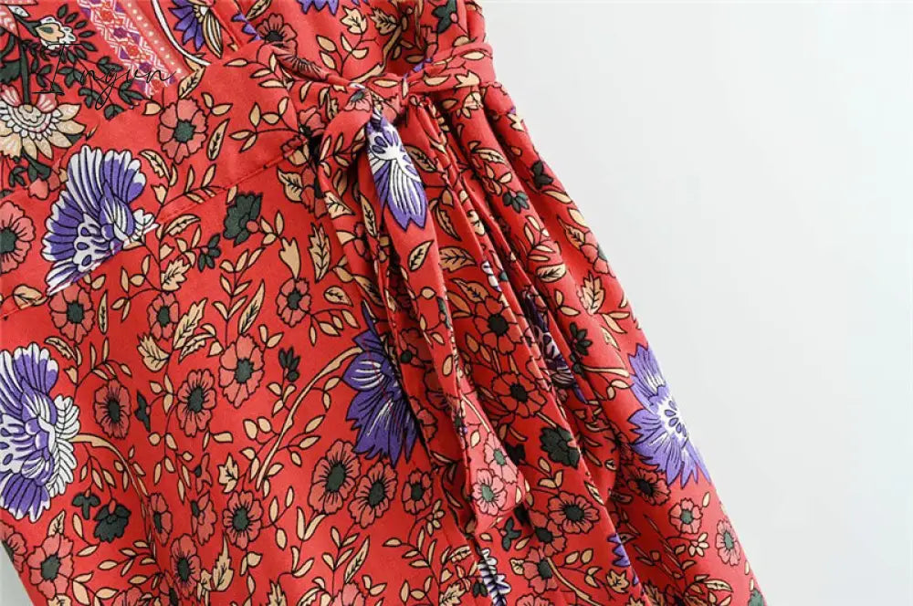 Ingvn - Vintage chic vestidos women Floral print bat sleeve beach long Bohemian maxi dress Ladies sexy V neck  Summer Boho happie  dress
